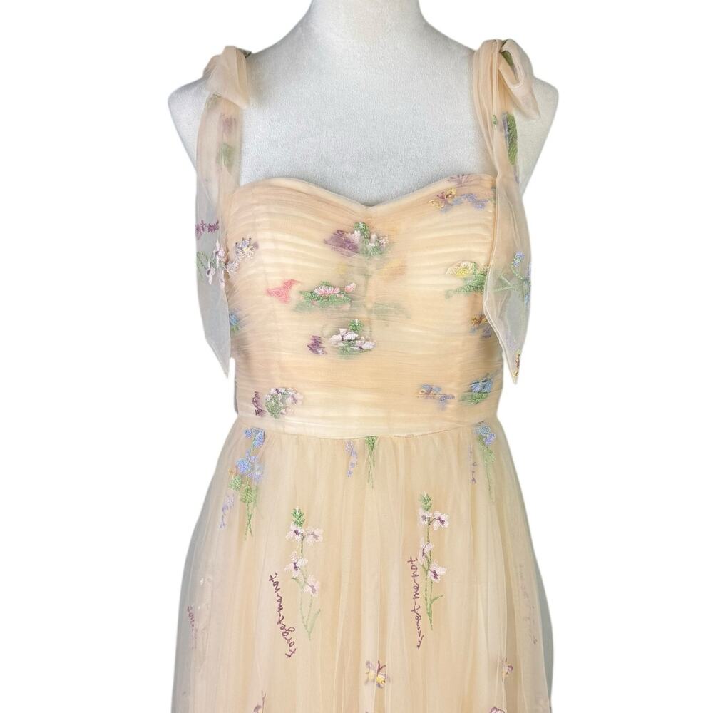 Neutral Cream Tulle Tie Straps Long A Line Flower Embroidered Prom Formal Dress - Picture 5 of 13